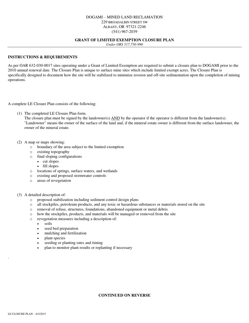 Grant of Limited Exemption Closure Plan - Oregon, Page 1