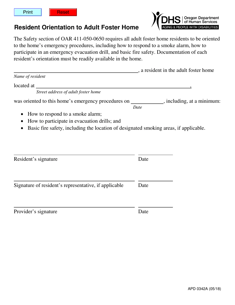 Form APD0342A Resident Orientation to Adult Foster Home - Oregon, Page 1