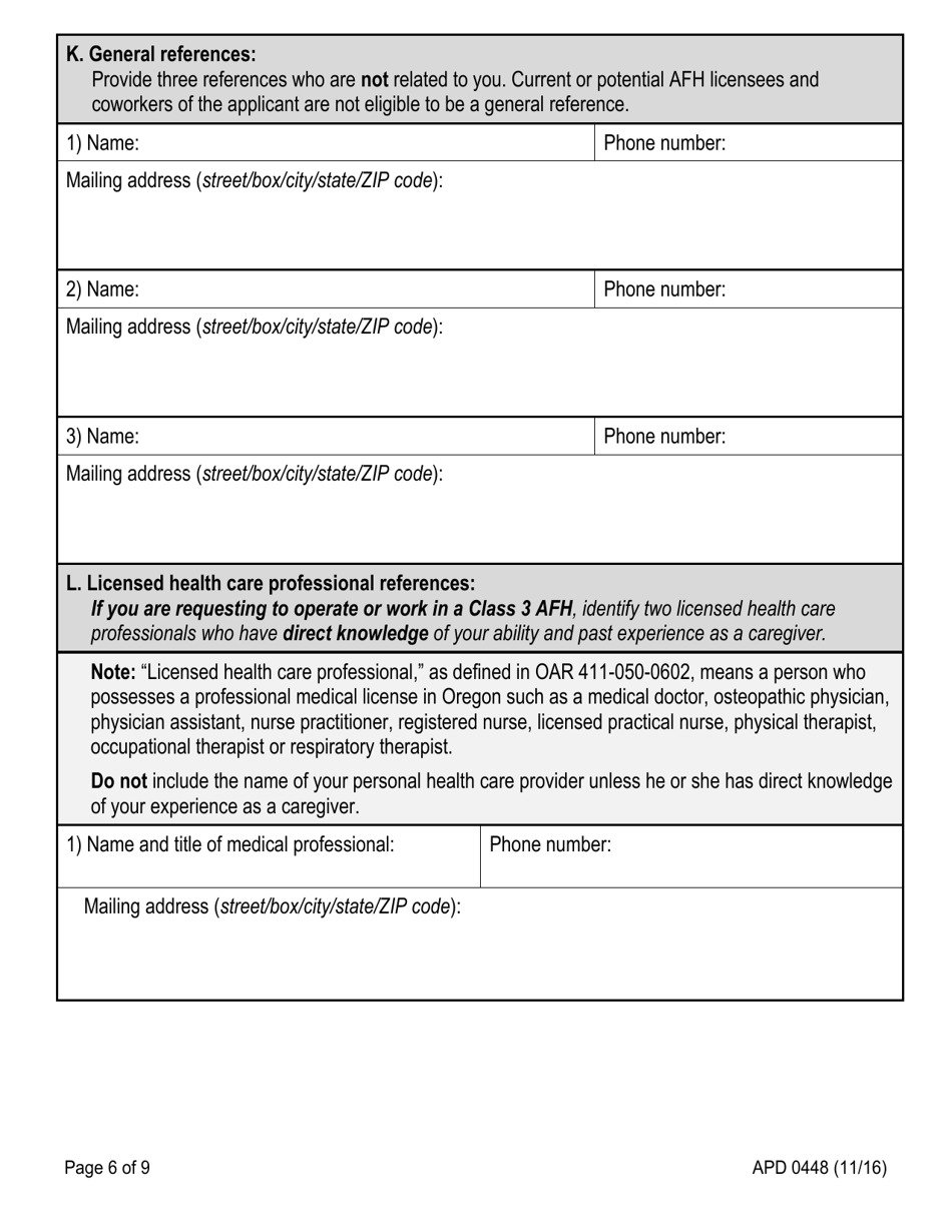 Form APD0448 Adult Foster Home (Afh) Initial License Application - Oregon, Page 7