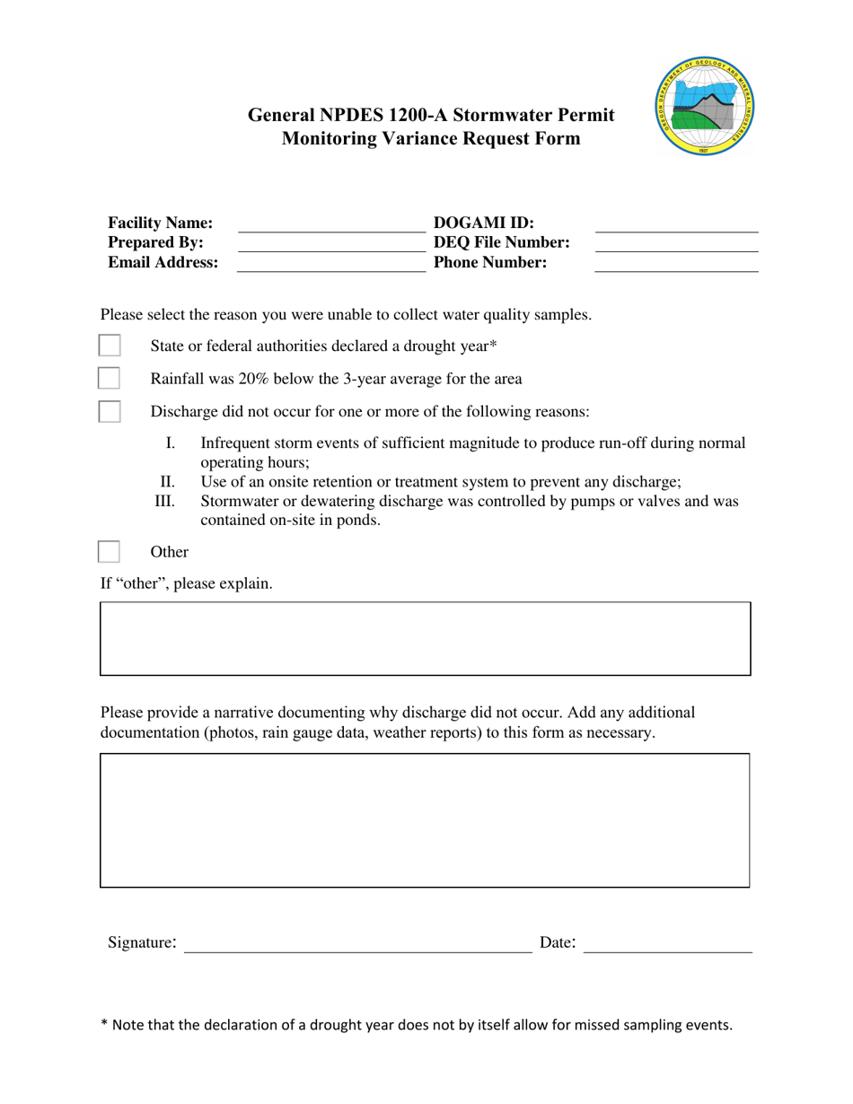 General Npdes 1200-a Stormwater Permit Monitoring Variance Request Form - Oregon, Page 1