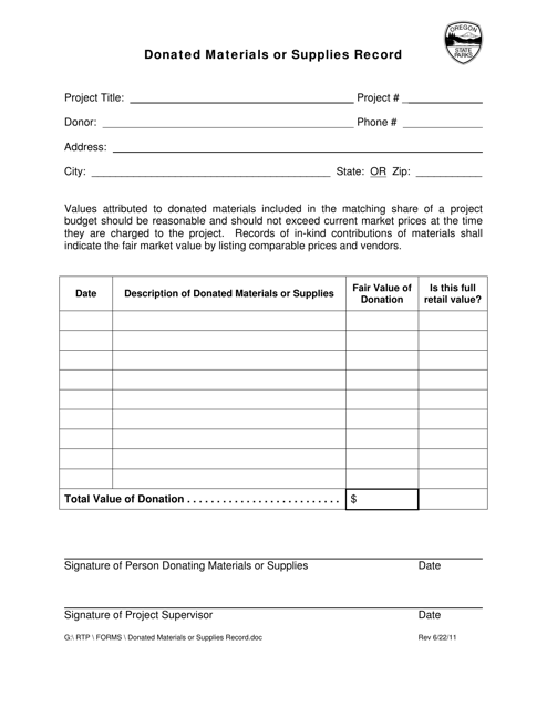 Donated Materials or Supplies Record - Oregon Download Pdf