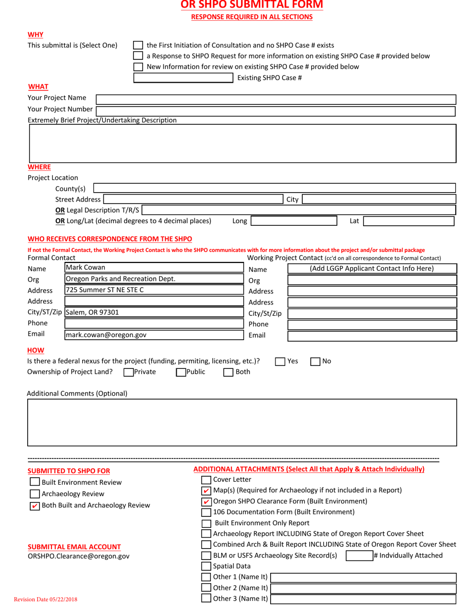 Sample Or Shpo Submittal Form - Oregon, Page 1