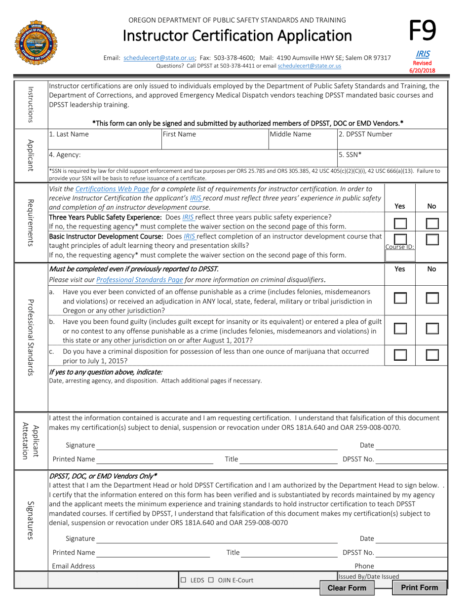 Form F9 Instructor Certification Application - Oregon, Page 1