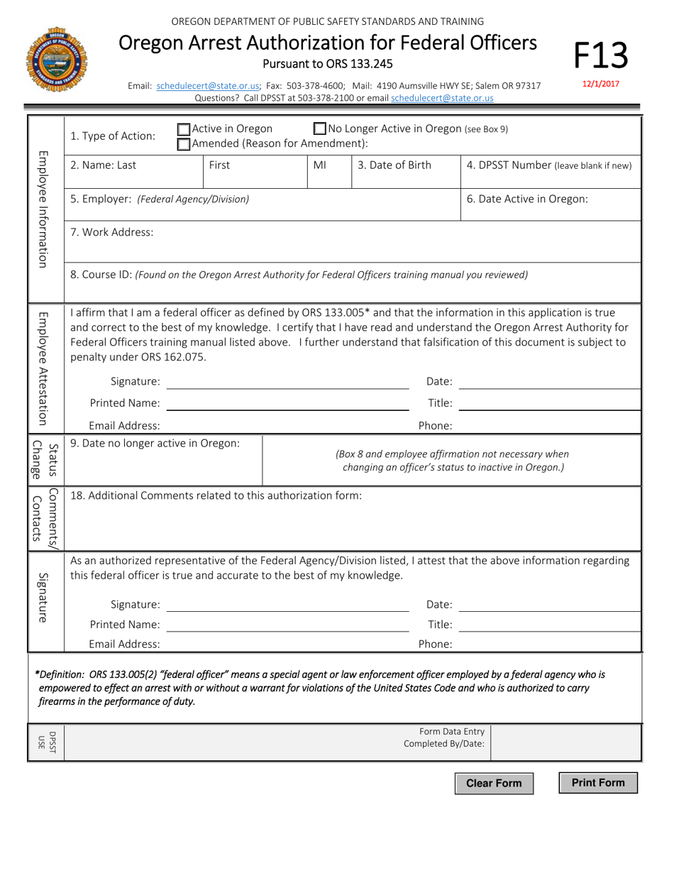 Form F13 Oregon Arrest Authorization for Federal Officers - Oregon, Page 1