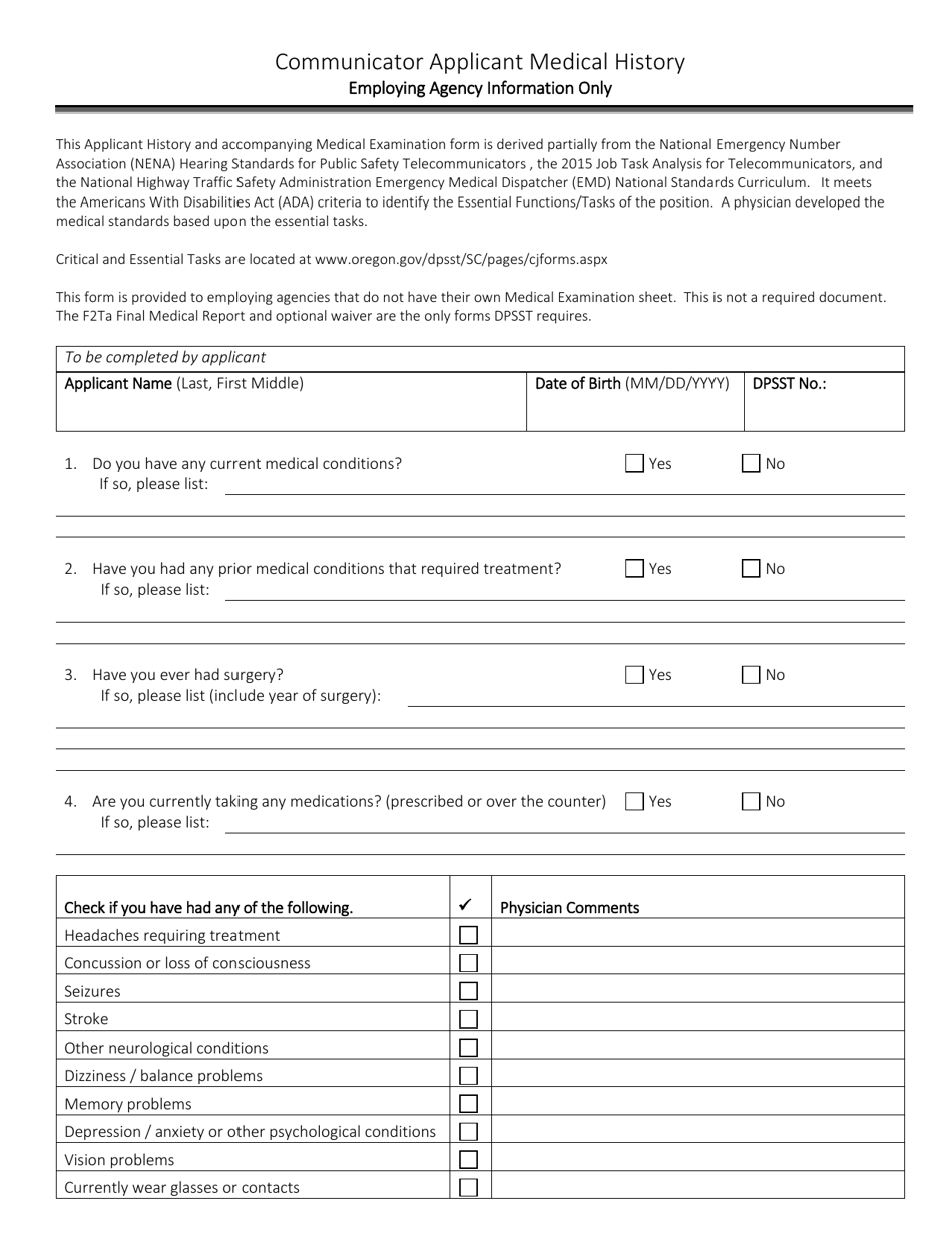 Communicator Applicant Medical History Form - Oregon, Page 1