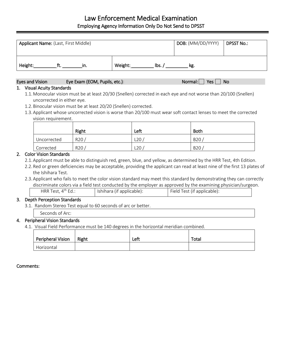 Law Enforcement Applicant Medical History Form - Oregon, Page 3