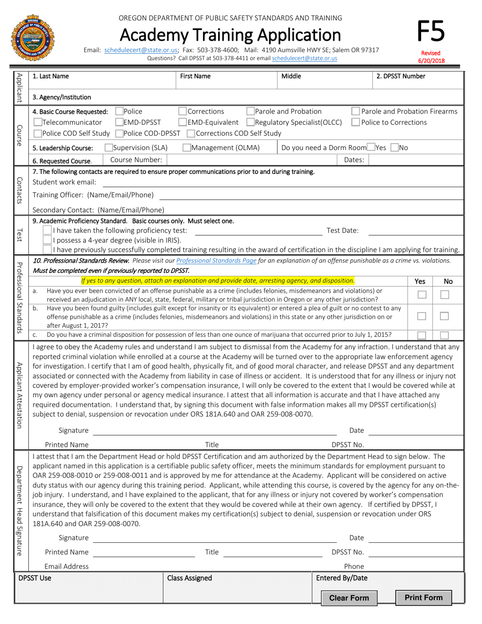Form F5 Academy Training Application - Oregon, Page 1