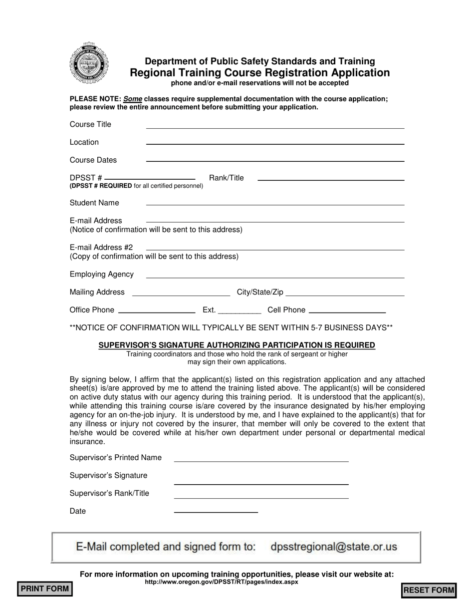 Regional Training Course Registration Application Form - Oregon, Page 1