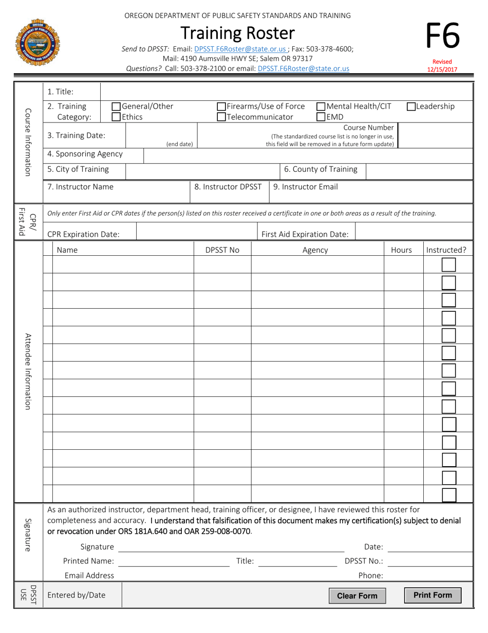 Form F6 Training Roster - Oregon, Page 1