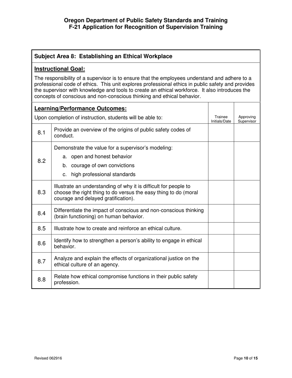 Form F-21 Application for Recognition of Supervision Training - Oregon, Page 10