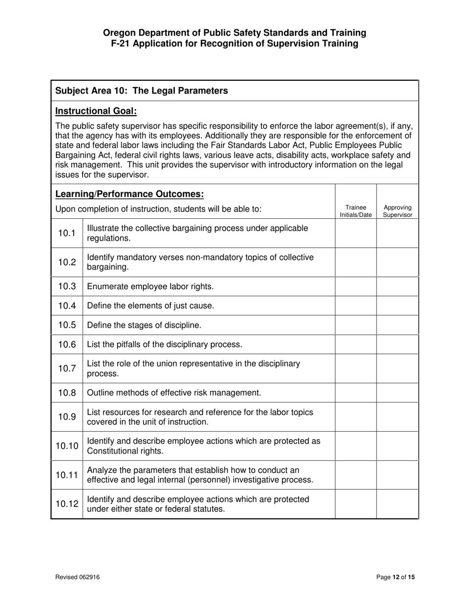 Form F-21 Application for Recognition of Supervision Training - Oregon, Page 12