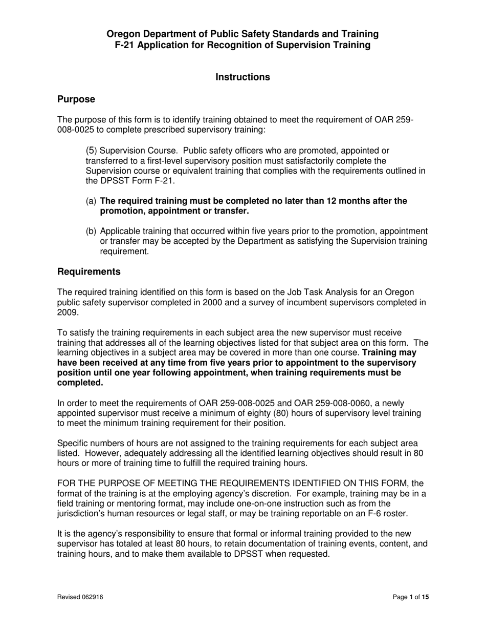 Form F-21 Application for Recognition of Supervision Training - Oregon, Page 1