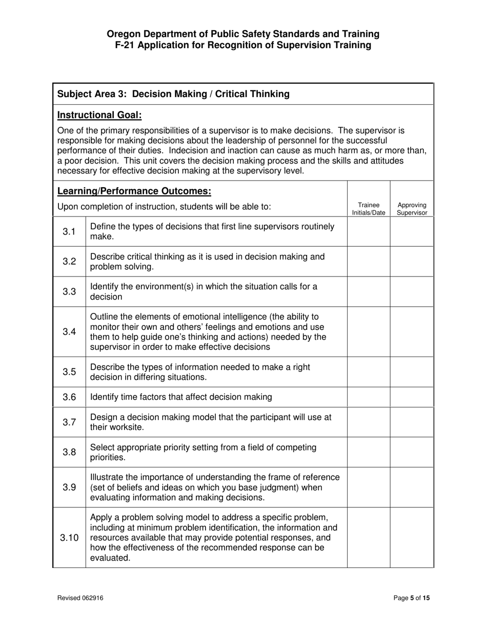 Form F-21 Application for Recognition of Supervision Training - Oregon, Page 5