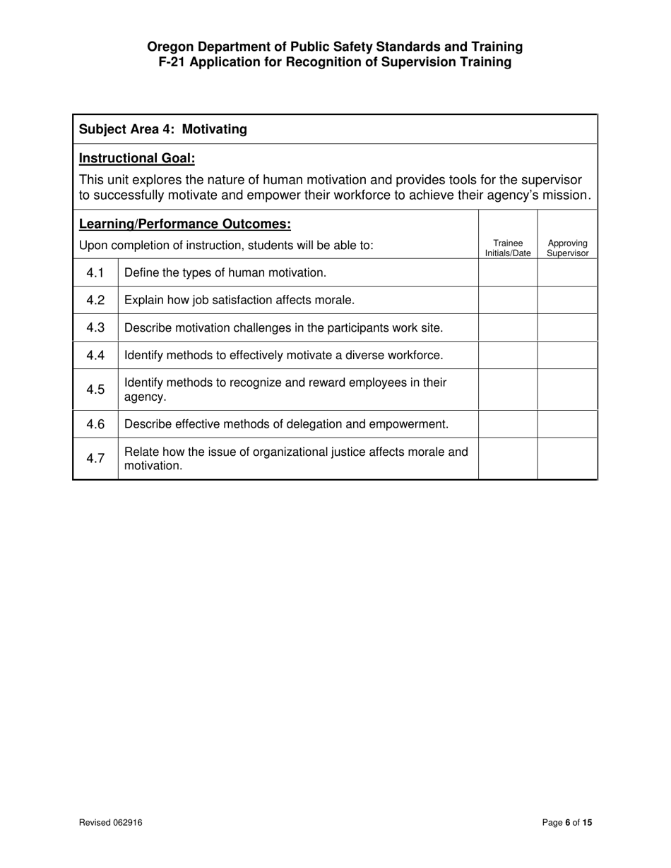 Form F-21 Application for Recognition of Supervision Training - Oregon, Page 6