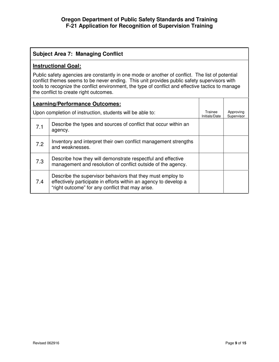 Form F-21 Application for Recognition of Supervision Training - Oregon, Page 9