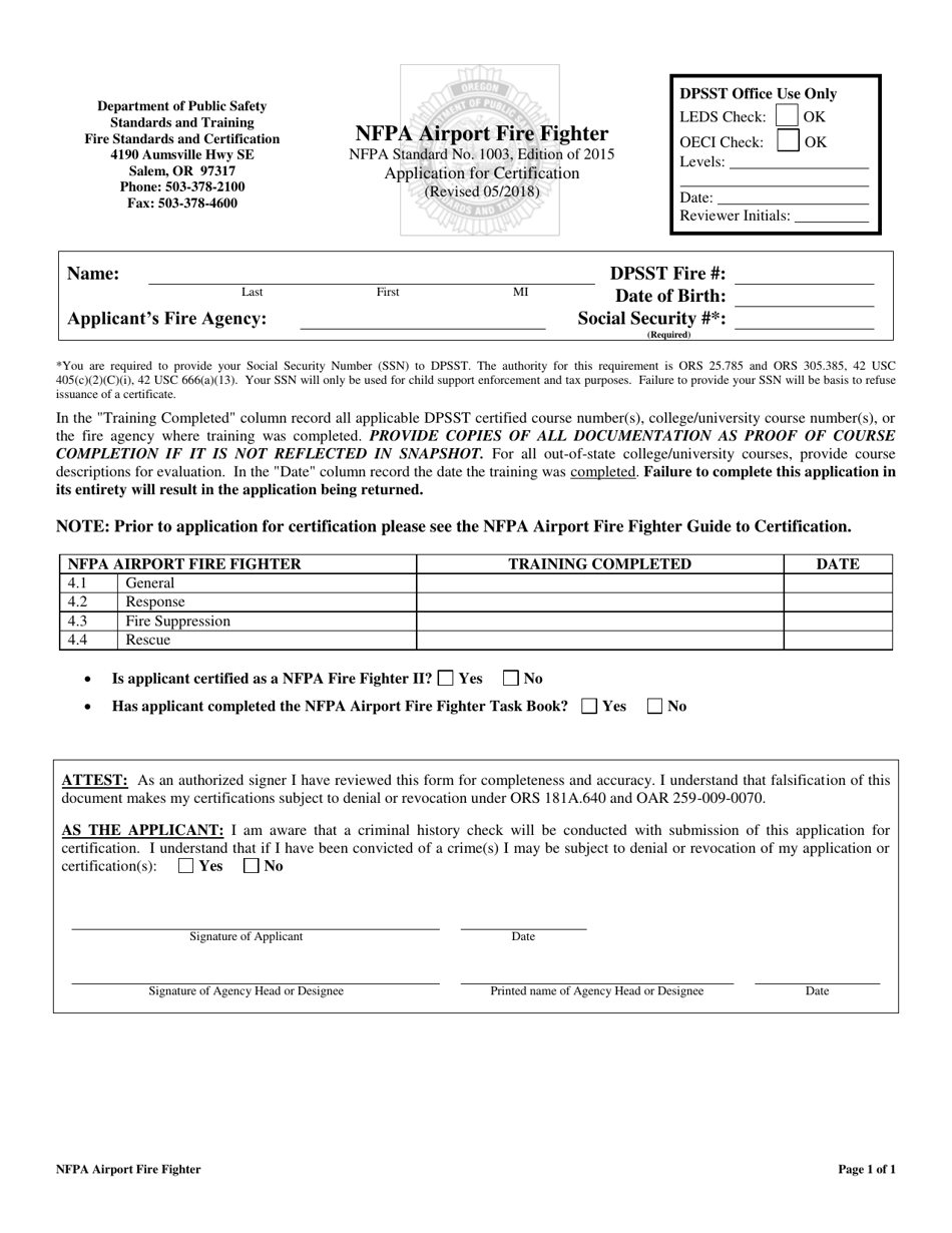 NFPA Airport Fire Fighter Application for Certification - Oregon, Page 1