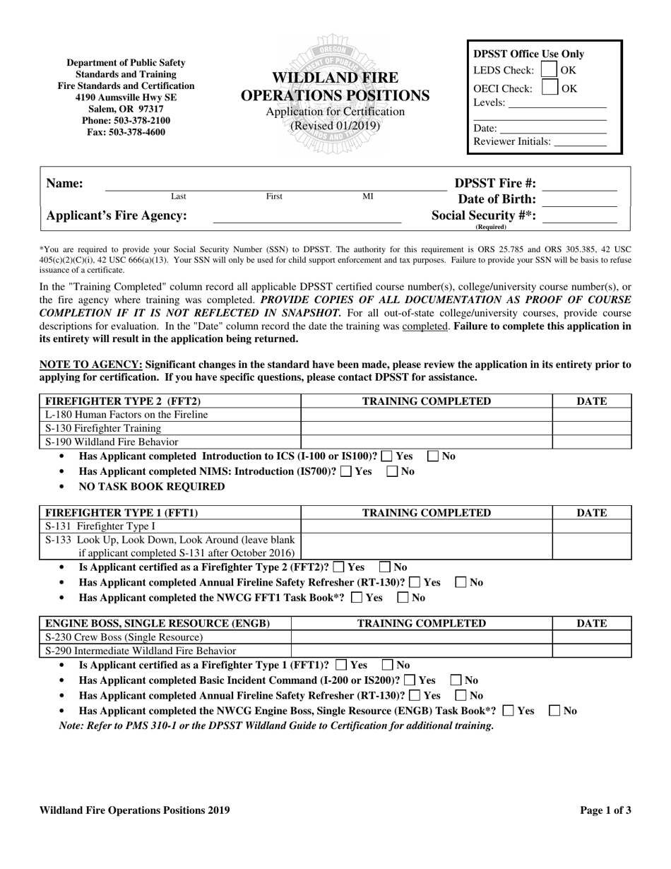 Wildland Fire Operations Positions Form - Oregon, Page 1