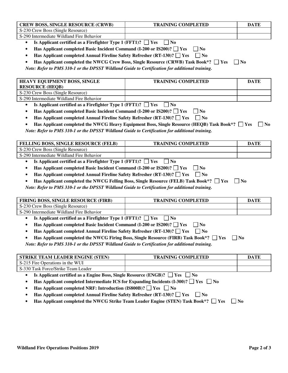 Wildland Fire Operations Positions Form - Oregon, Page 2