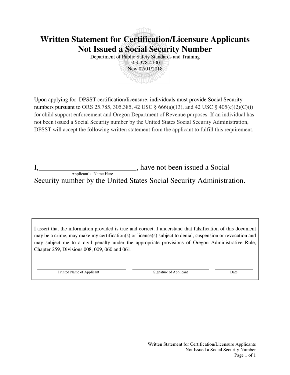 Written Statement for Certification / Licensure Applicants Not Issued a Social Security Number Form - Oregon, Page 1