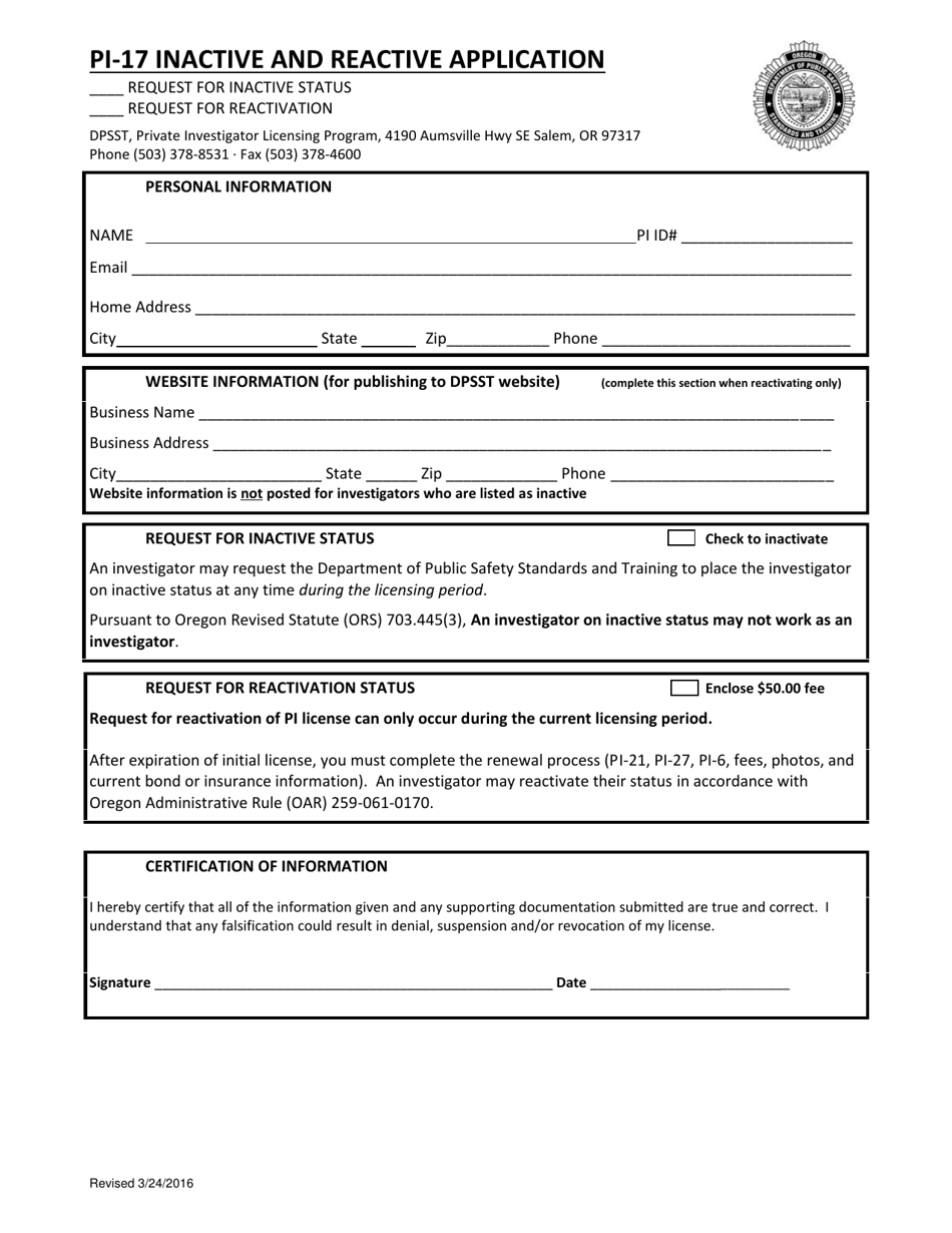 Form PI-17 Inactive and Reactive Application - Oregon, Page 1