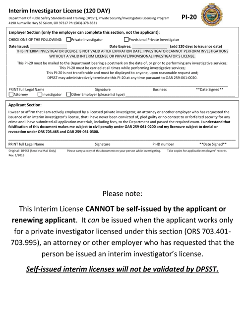 Form PI-20 Interim Investigator License (120 Day) - Oregon