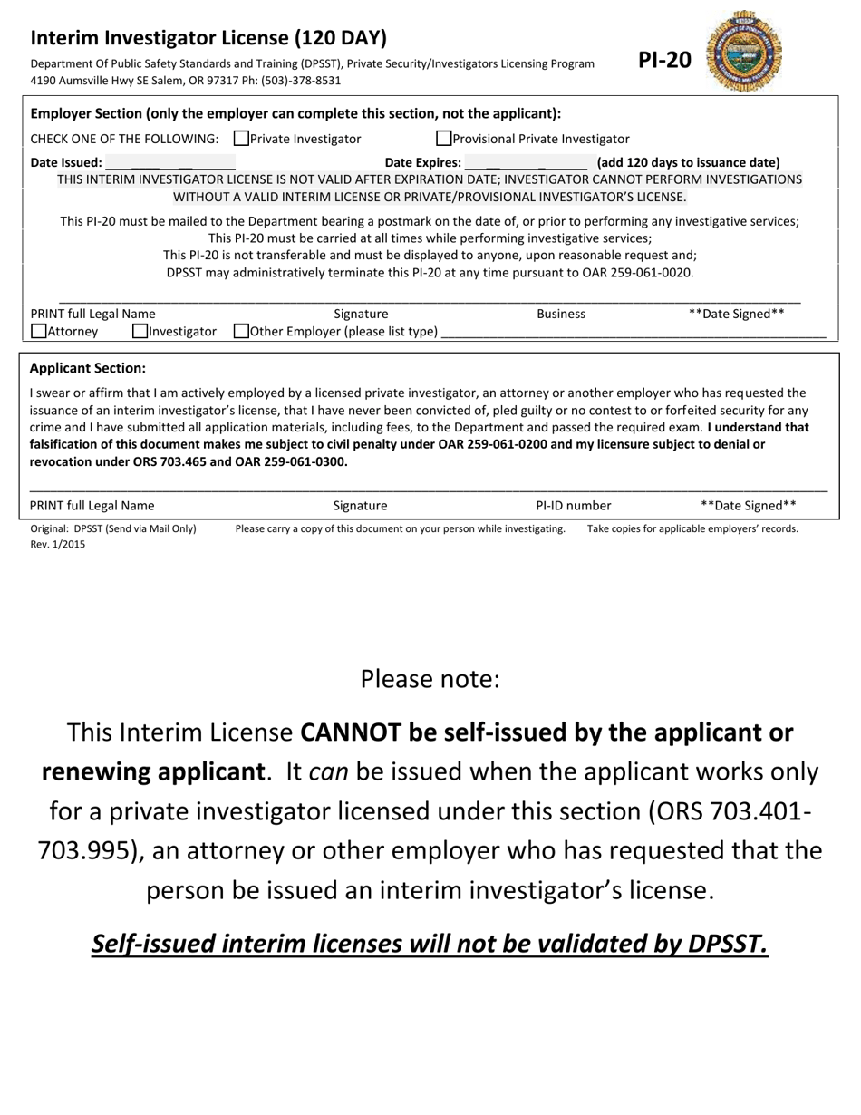 Form PI-20 Interim Investigator License (120 Day) - Oregon, Page 1