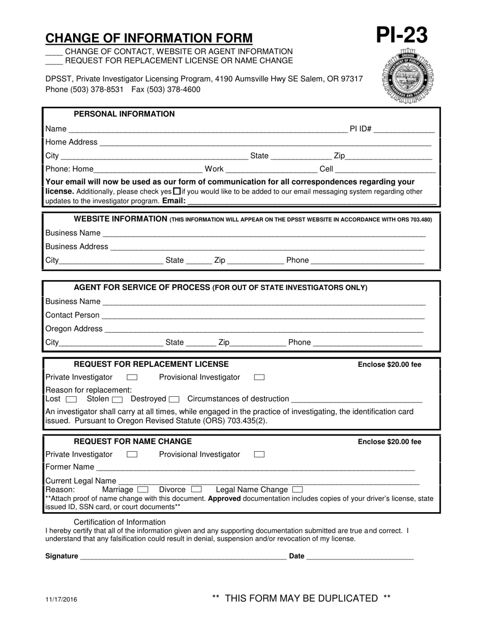Form PI-23 Change of Information Form - Oregon, Page 1