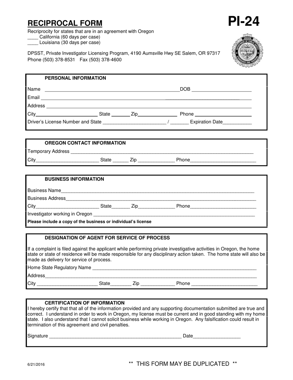 Form PI-24 - Fill Out, Sign Online and Download Printable PDF, Oregon ...