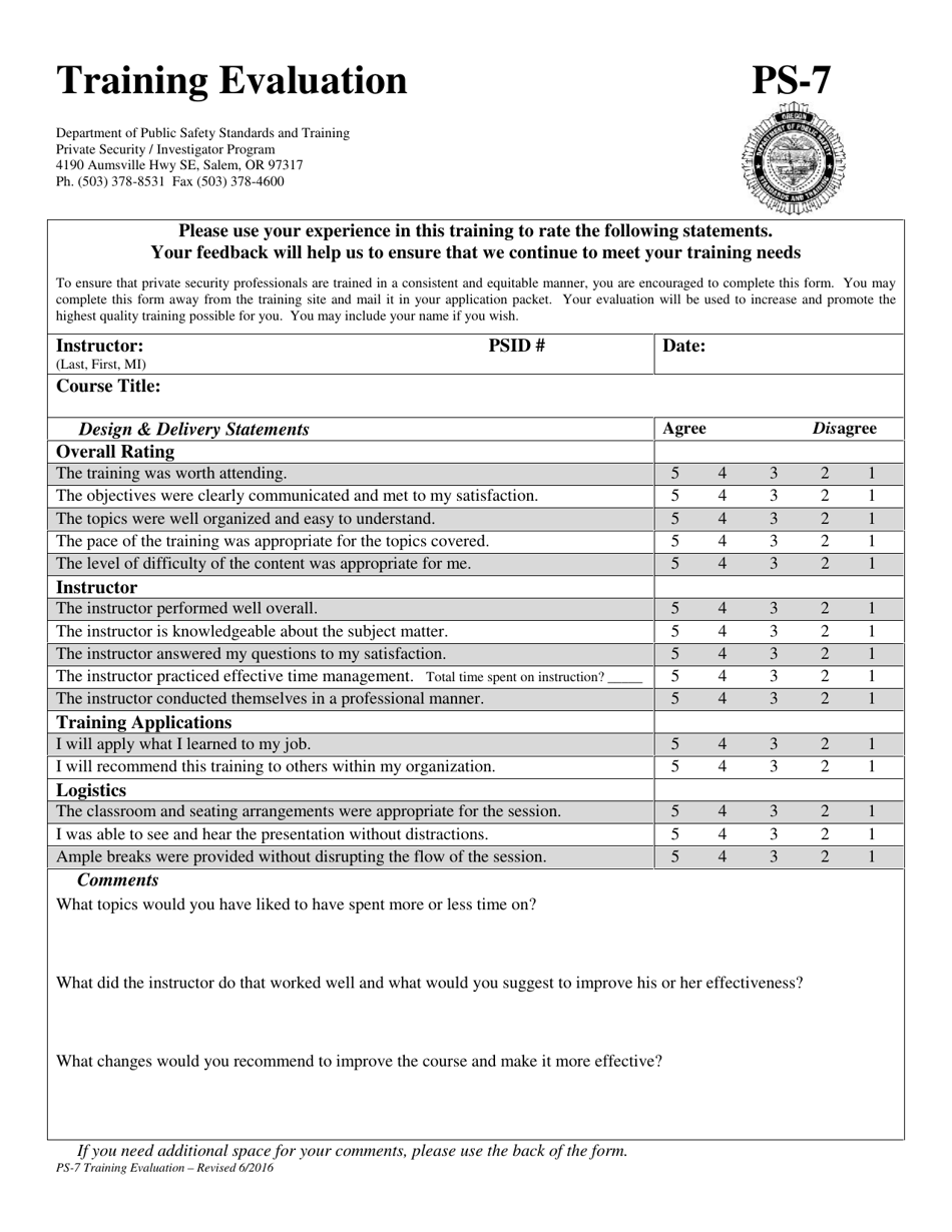 Form PS-7 Training Evaluation - Oregon, Page 1