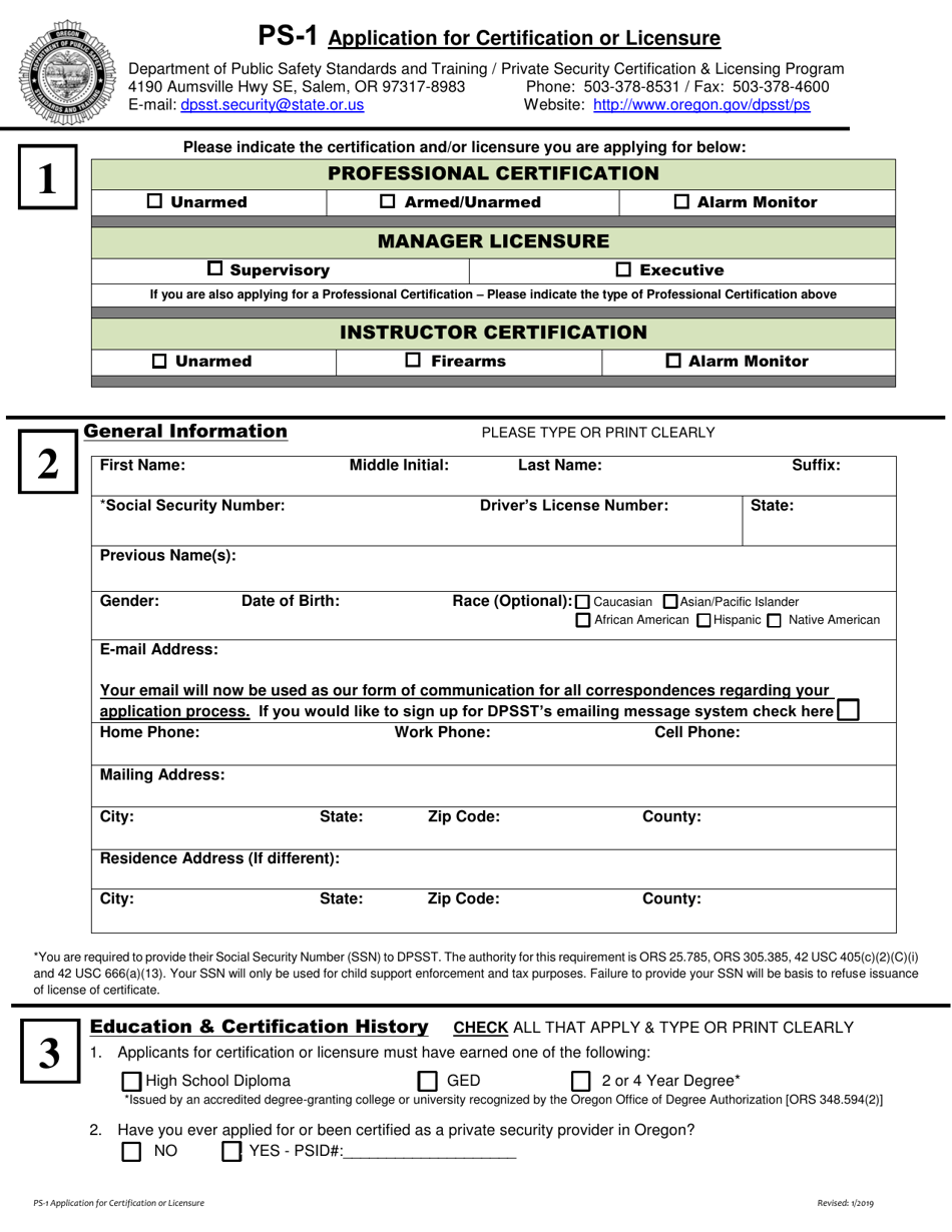 Form PS-1 Application for Certification or Licensure - Oregon, Page 3