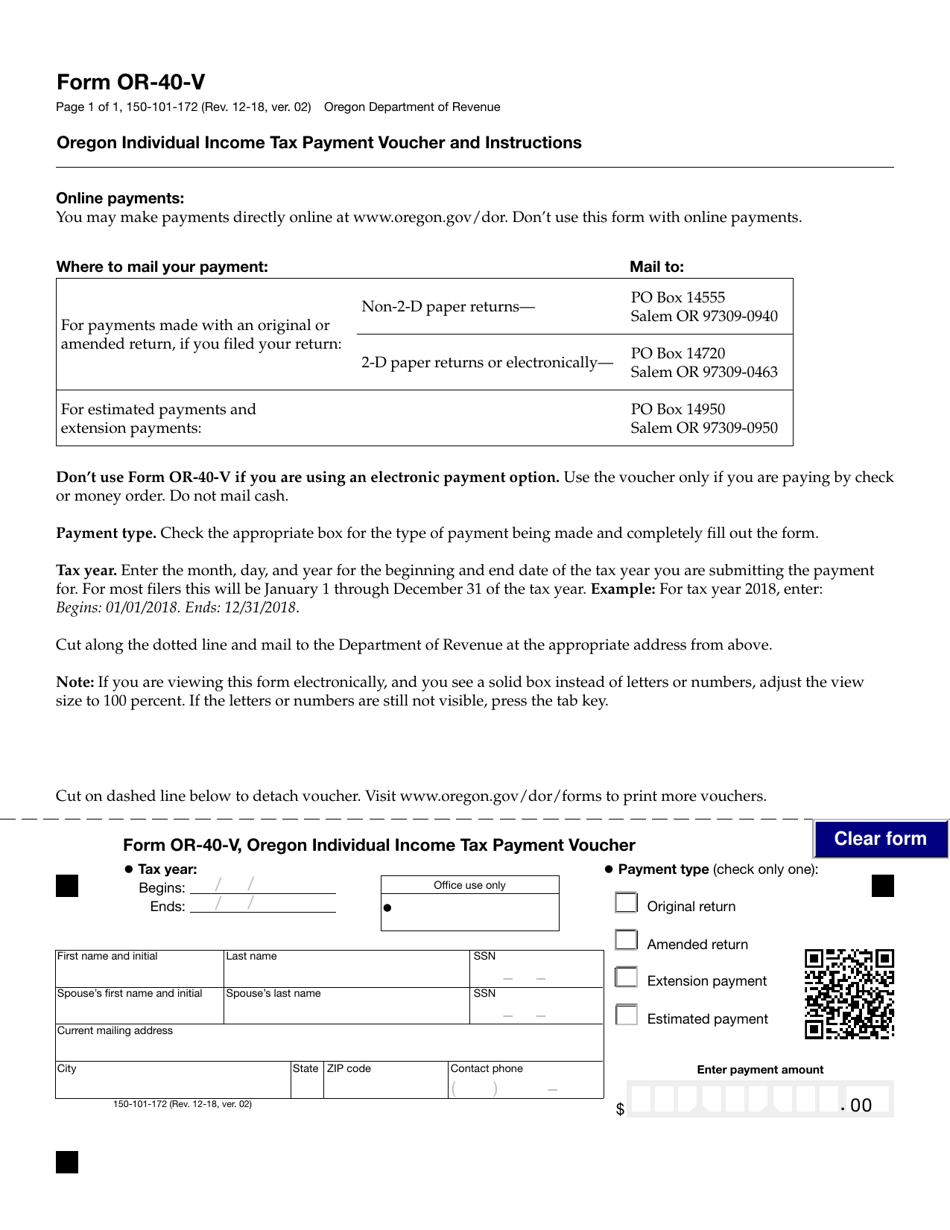 Form 50-101-172 (OR-40-V) Oregon Individual Income Tax Payment Voucher - Oregon, Page 1