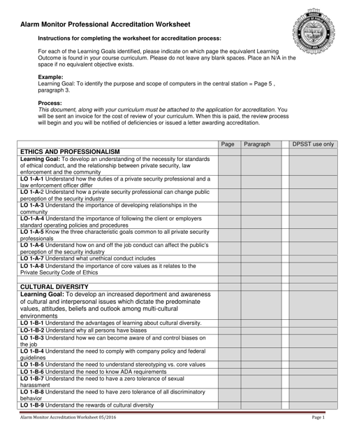 Alarm Monitor Professional Accreditation Worksheet Form - Oregon Download Pdf