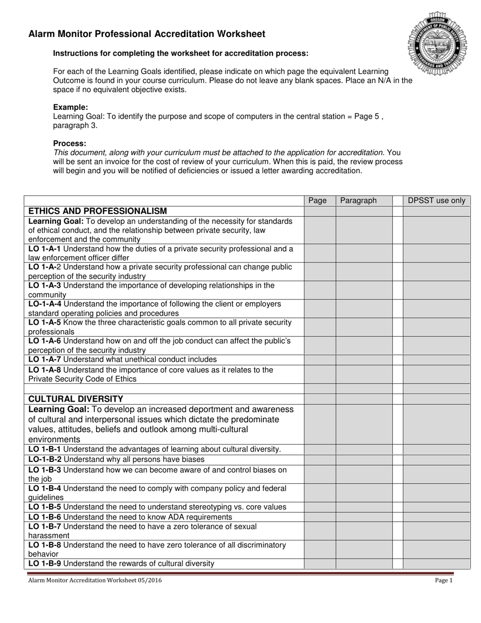 Alarm Monitor Professional Accreditation Worksheet Form - Oregon, Page 1