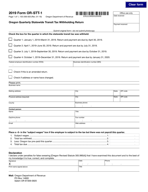 Form 150-206-003 (OR-STT-1) Oregon Quarterly Statewide Transit Tax Withholding Return - Oregon, 2019