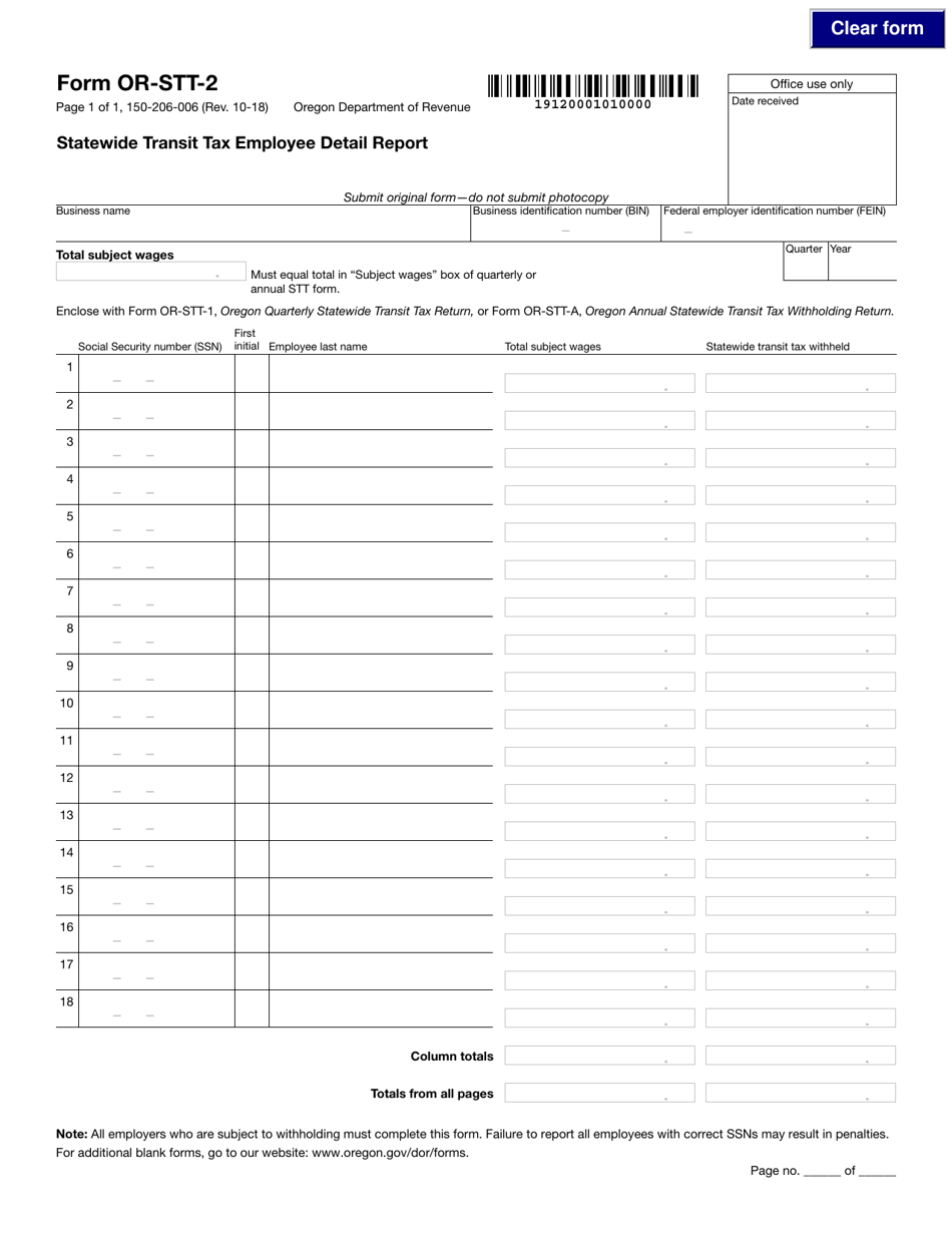 Form 150206006 (ORSTT2) Download Fillable PDF or Fill Online Statewide Transit Tax Employee