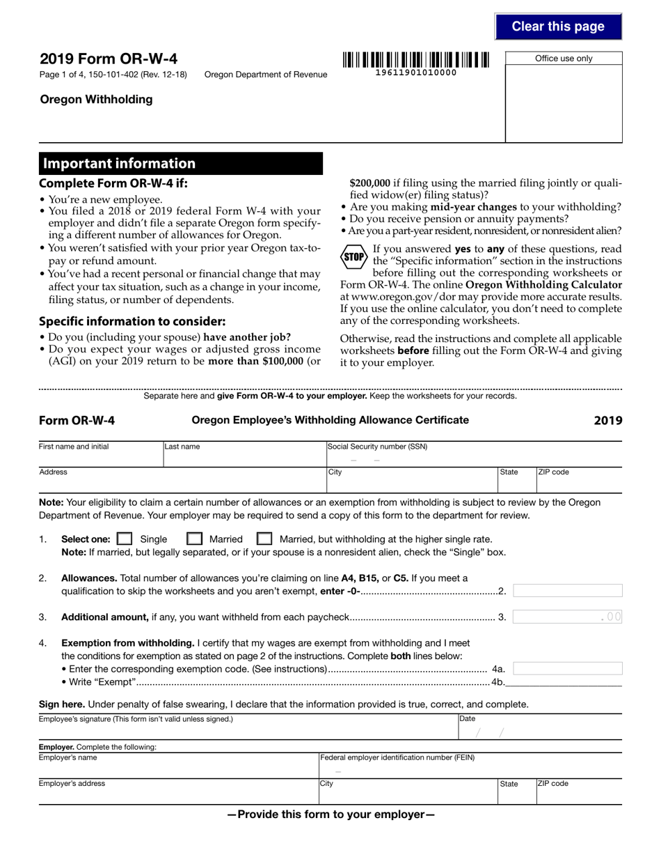Form 150-101-402 (OR-W-4) Oregon Withholding - Oregon, Page 1