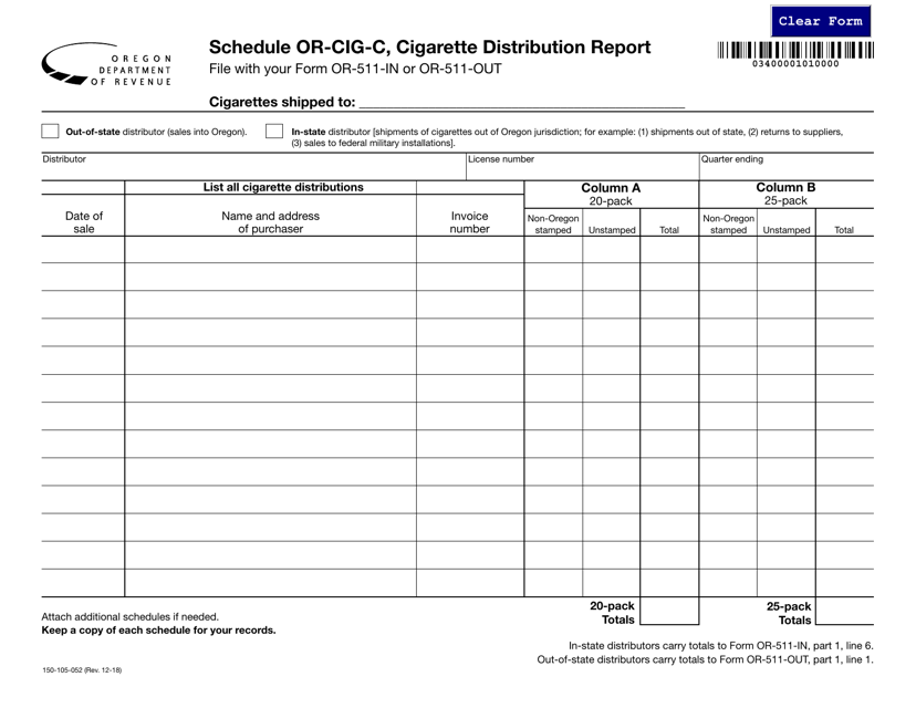 Form 150-105-052 Schedule OR-CIG-C Cigarette Distribution Report - Oregon