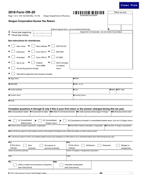 Form 150-102-020 (OR-20) 2018 Printable Pdf