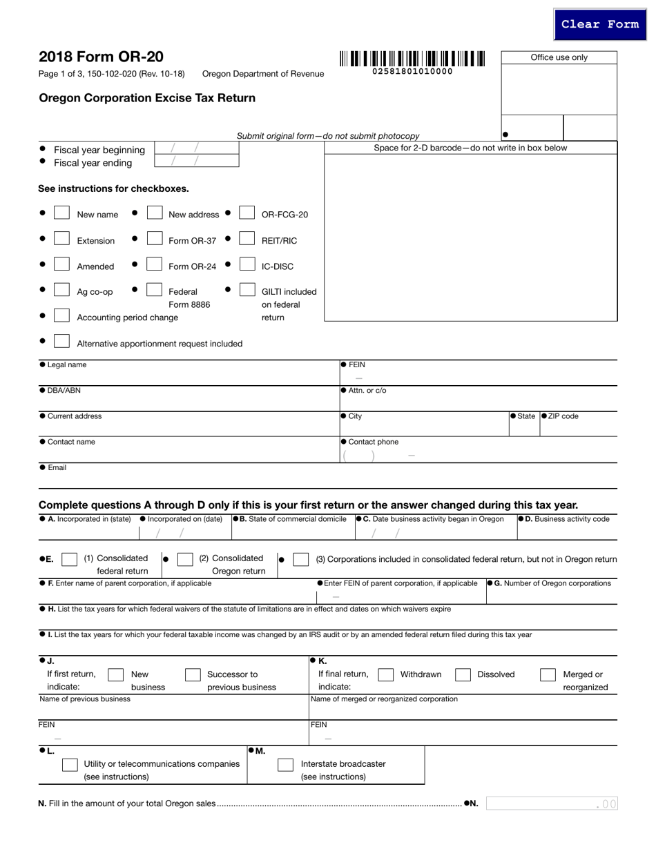 Form 150-102-020 (OR-20) Oregon Corporation Excise Tax Return - Oregon, Page 1
