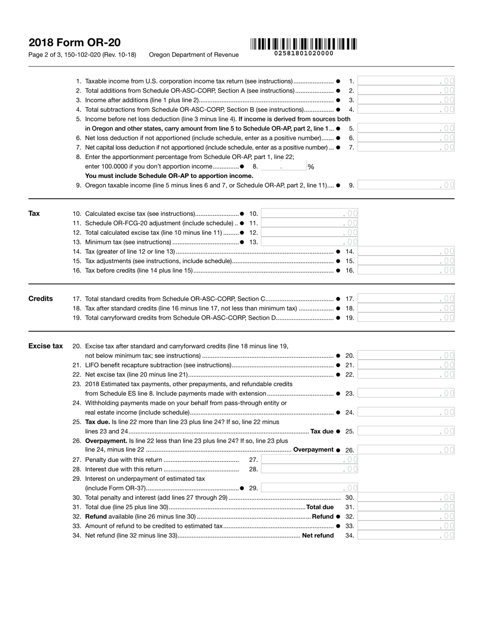 Form 150102020 (OR20) Download Fillable PDF or Fill Online Oregon