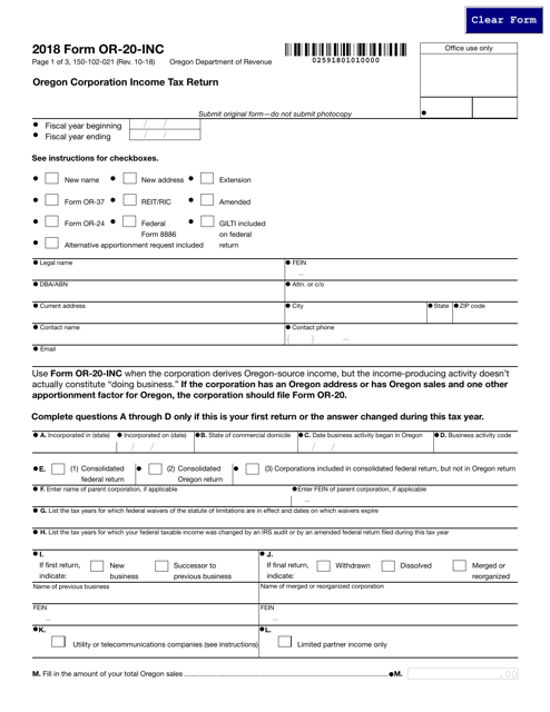 Form 150-102-021 (OR-20-INC) Oregon Corporation Income Tax Return - Oregon, 2018