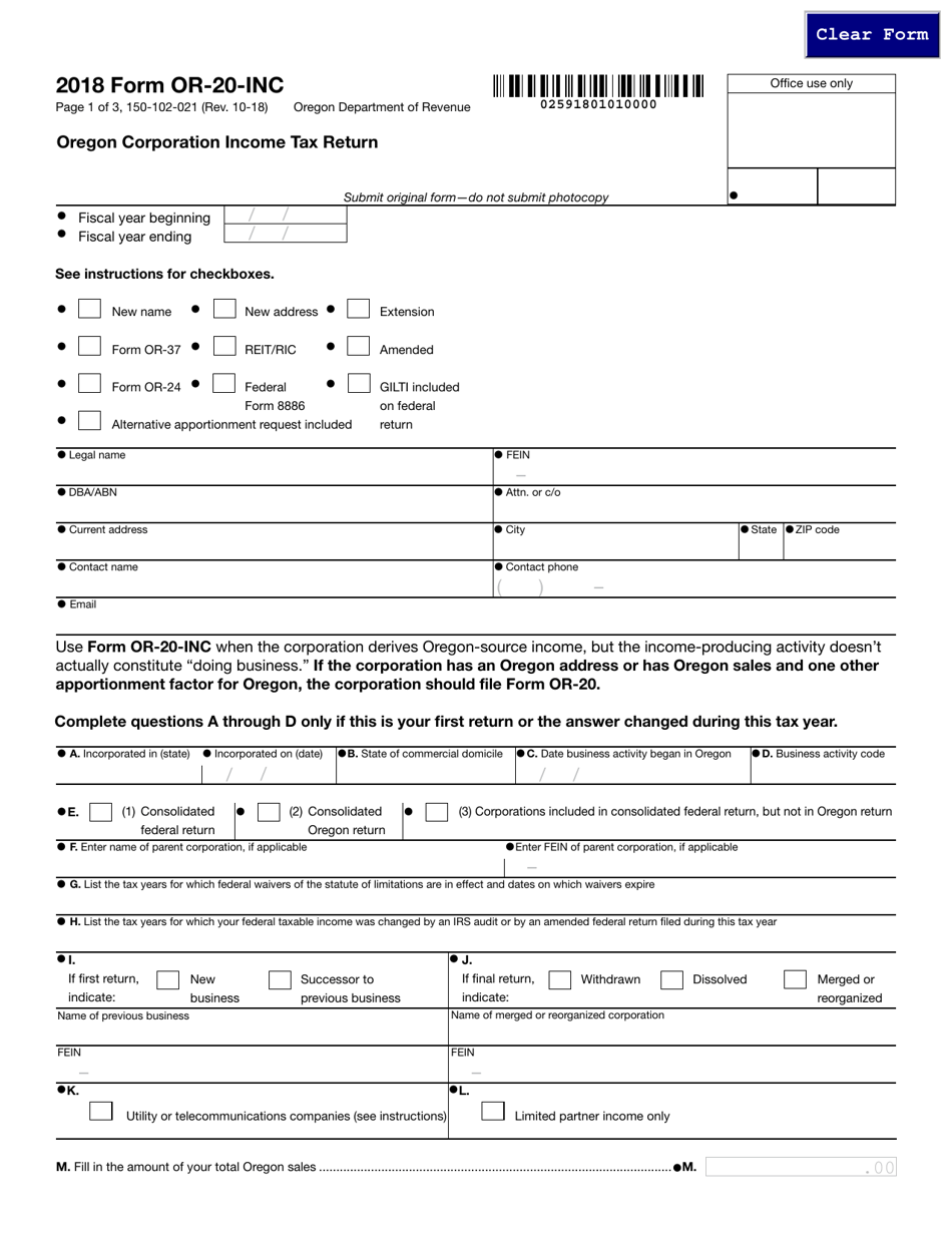 Form 150-102-021 (OR-20-INC) Oregon Corporation Income Tax Return - Oregon, Page 1