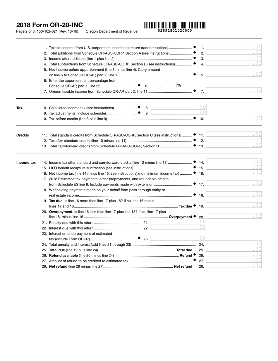 Form 150 102 021 Or 20 Inc 2018 Fill Out Sign Online And Download Fillable Pdf Oregon 3706