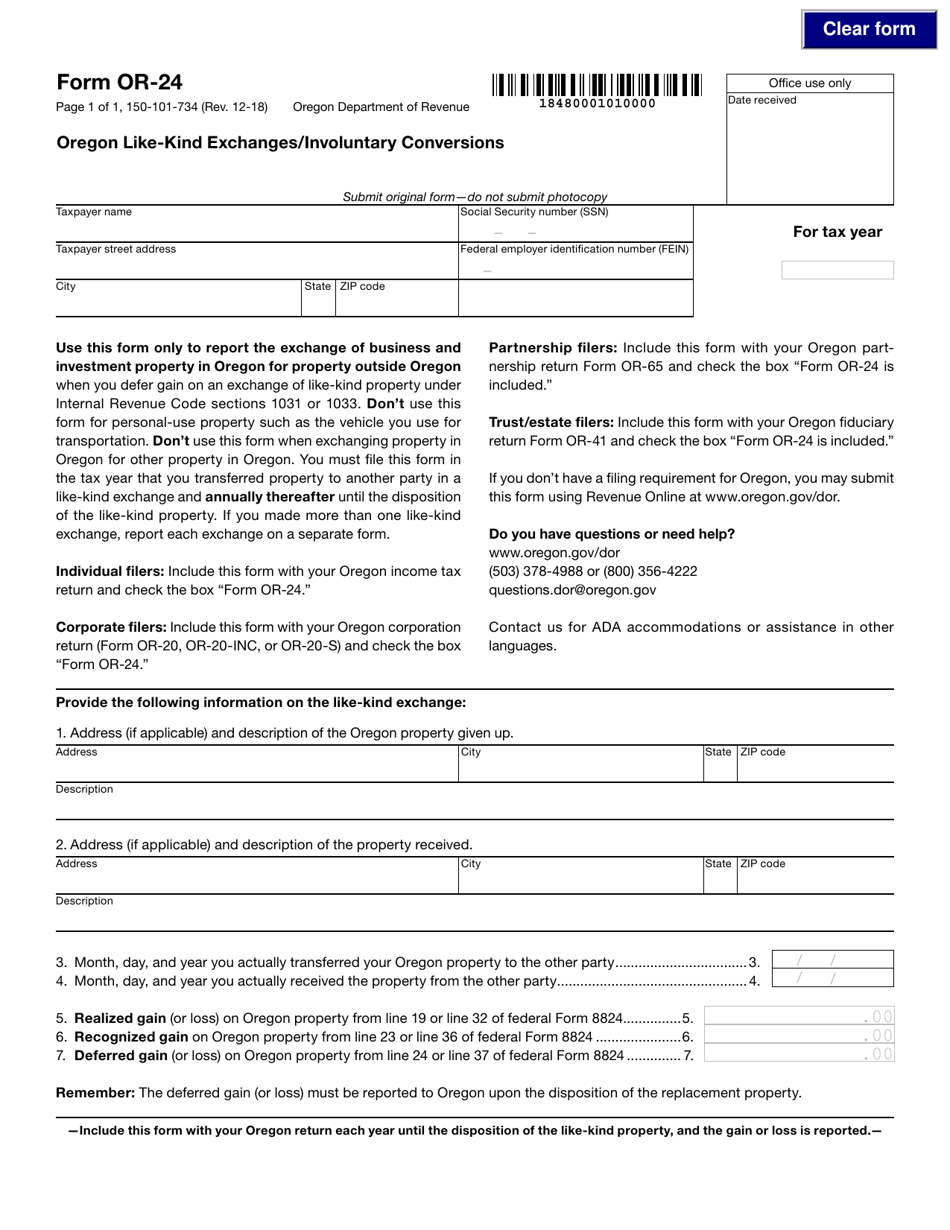 Form 150-101-734 (OR-24) Oregon Like-Kind Exchanges / Involuntary Conversions - Oregon, Page 1