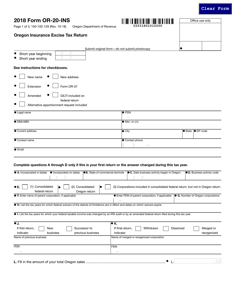 Form 150-102-129 (OR-20-INS) Oregon Insurance Excise Tax Return - Oregon, Page 1