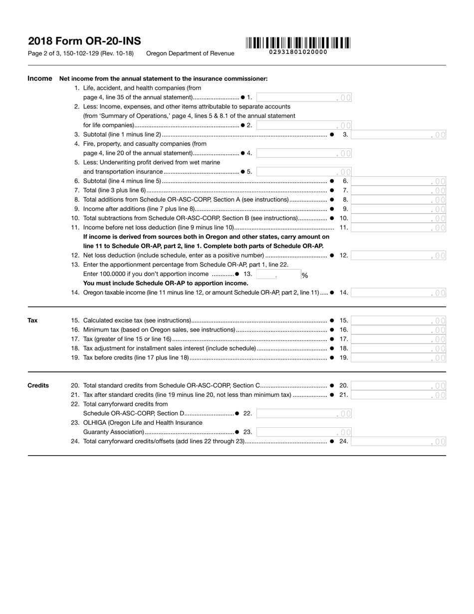 Form 150-102-129 (OR-20-INS) Oregon Insurance Excise Tax Return - Oregon, Page 2