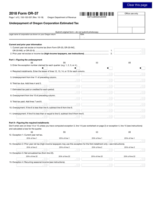 Form 150-102-037 (OR-37) 2018 Printable Pdf