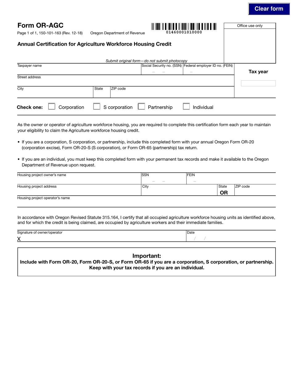 Form 150-101-163 (OR-AGC) Annual Certification for Agriculture Workforce Housing Credit - Oregon, Page 1