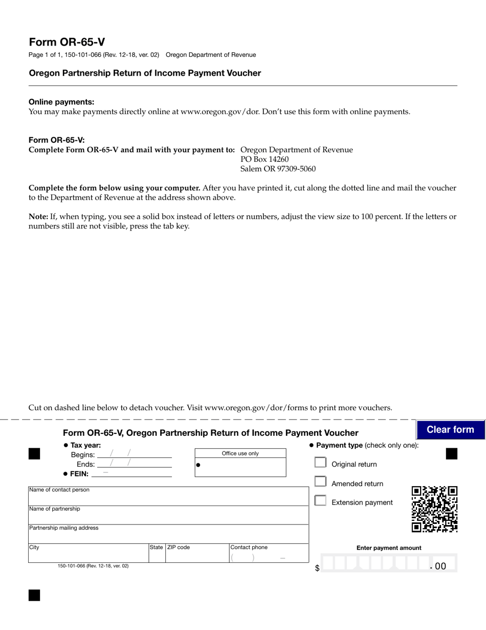 Form 150-101-066 (OR-65-V) Oregon Partnership Return of Income Payment Voucher - Oregon, Page 1