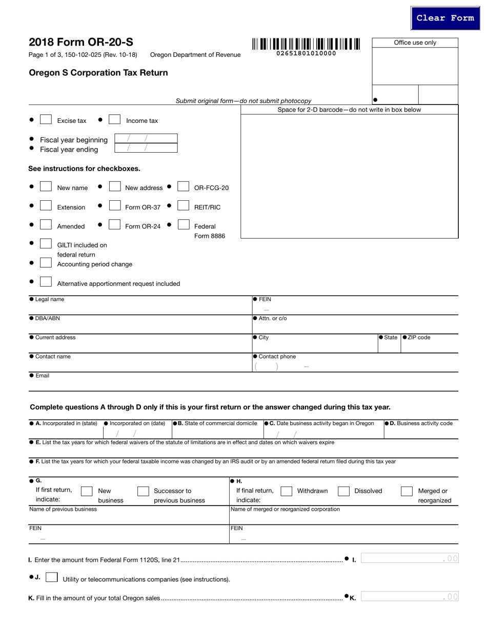 Form 150-102-025 (OR-20-S) Oregon S Corporation Tax Return - Oregon, Page 1